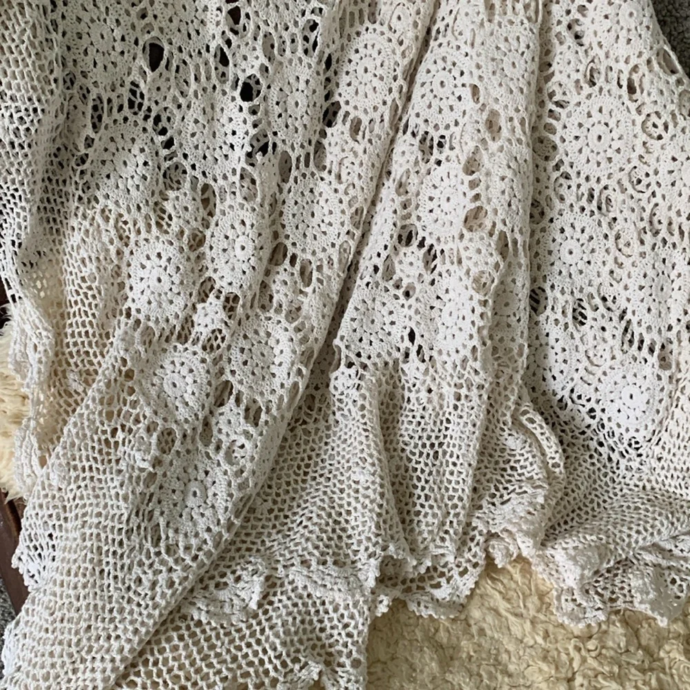 Vintage Hand Crochet Lace Bedspread Coverlet Afghan table cover blanket‎ cream